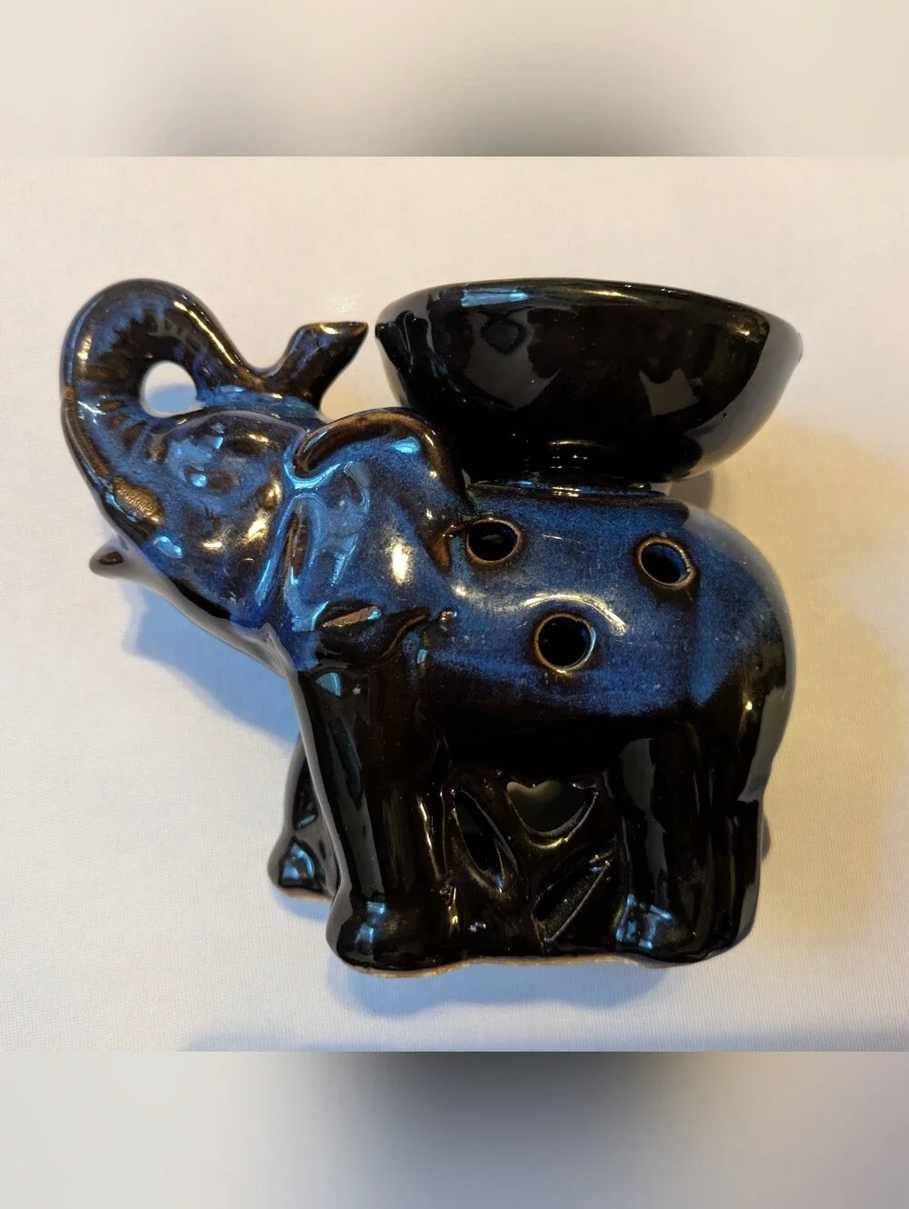 Ceramic Elephant Votive Oil Warmer in Blue And Black.